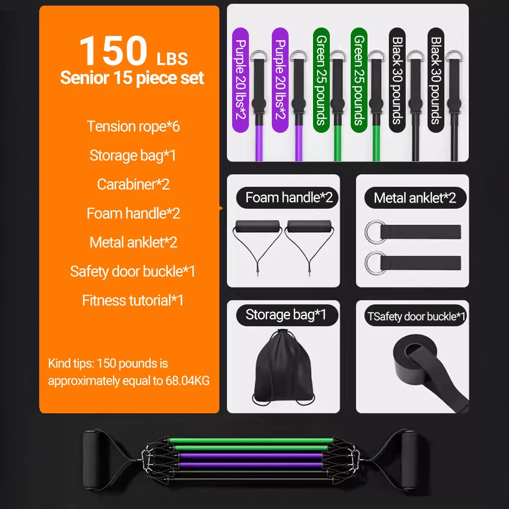 10-14pcs/Set Pull Rope Bodybuilding Resistance Bands Set Multi-function Tensioner Suit Muscle Training Belt Elastic Bands Green-fieldstore