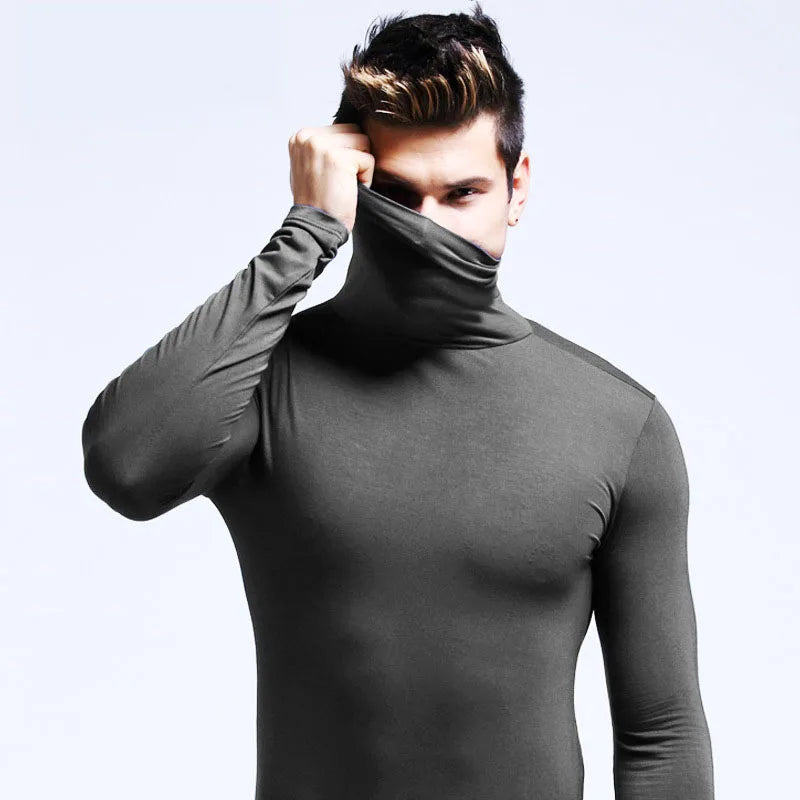 2023 new Men's High Neck Slim Fit Long Sleeve T-shirt turtleneck for men slim elastic thin pullover Green-fieldstore